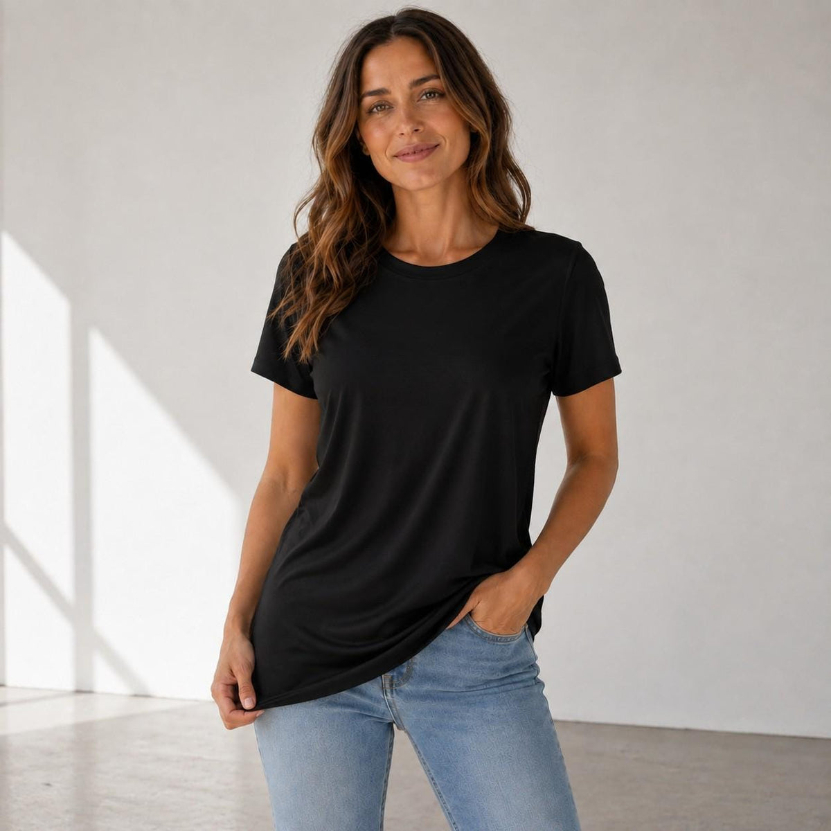 Soft Rayon Spandex Crewneck Tee: Comfortable Everyday Drape
