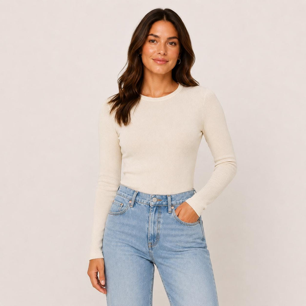 Women's Fitted Rayon Spandex Ribbed Long Sleeve Top, Crew Neck Layering Tee