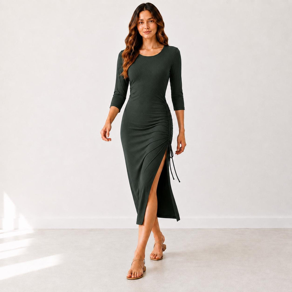 Women's Ruched Side Midi Dress, Rayon Spandex Knit, Adjustable Drawstring, Scoop Neck, 3/4 Sleeve