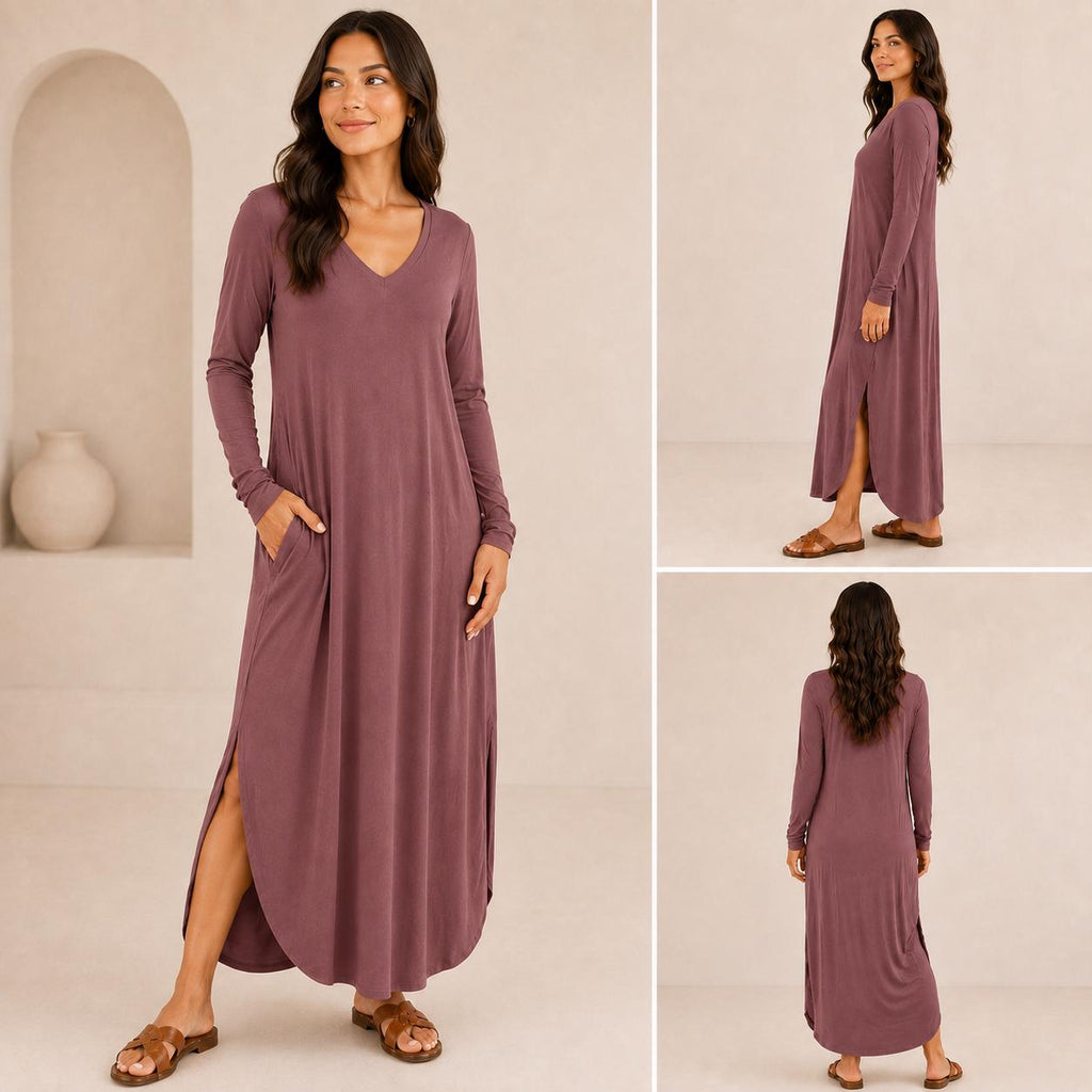 Women's Long Sleeve Maxi Dress: V-Neck, Side Slits, Pockets (Rayon Spandex)