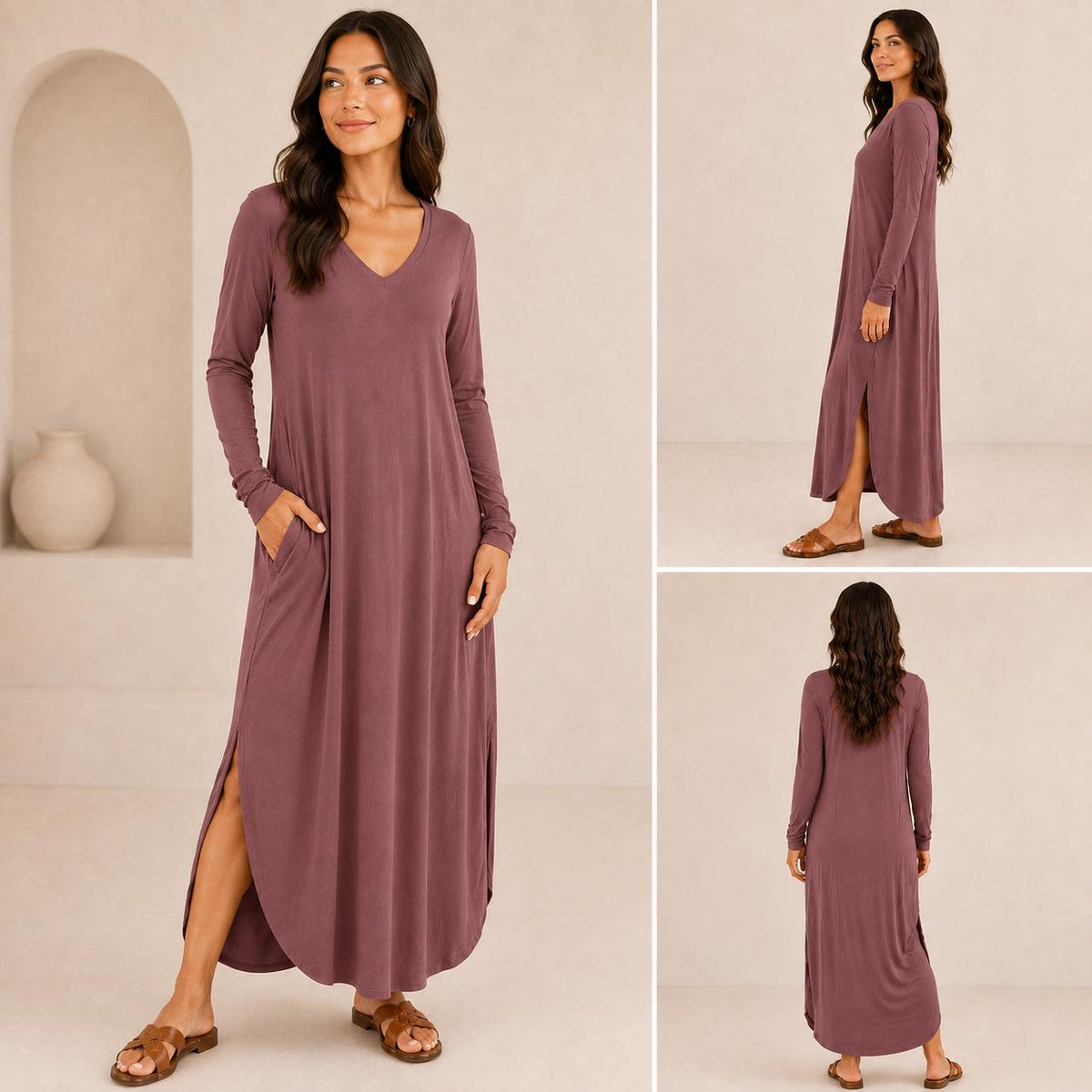 Women's Long Sleeve Maxi Dress: V-Neck, Side Slits, Pockets (Rayon Spandex)