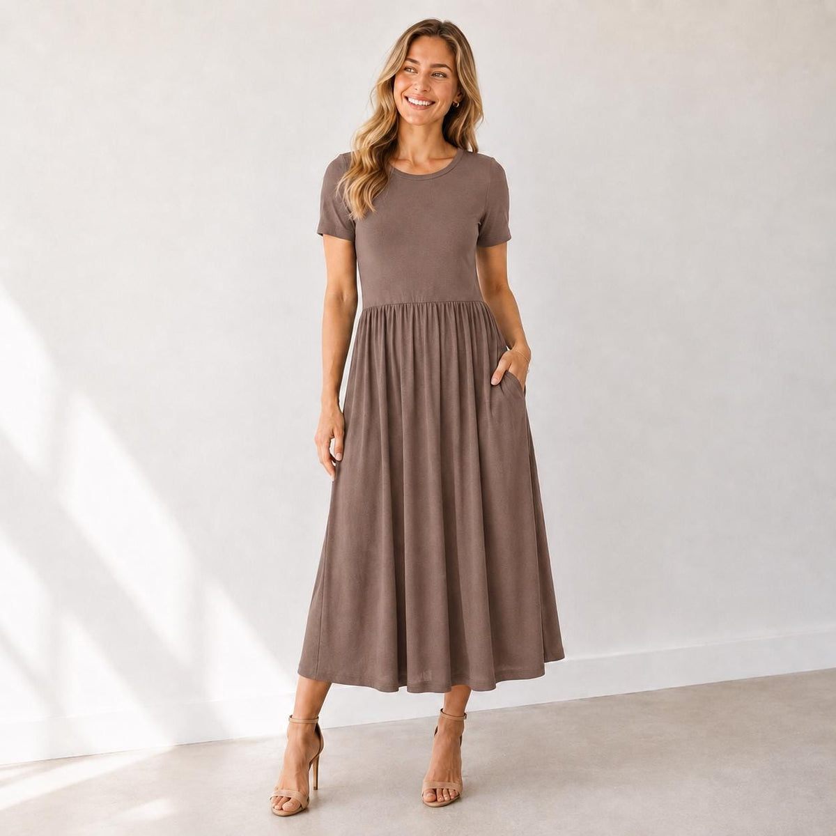 Rayon Spandex Maxi Dress, Crew Neck, Gathered Waist, Pockets, Everyday Wear