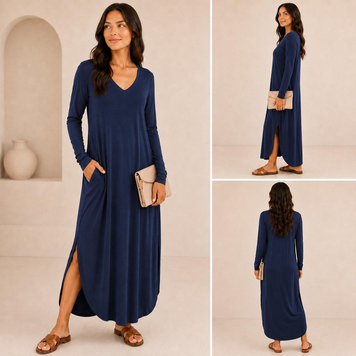 Women's Long Sleeve Maxi Dress: V-Neck, Side Slits, Pockets (Rayon Spandex)