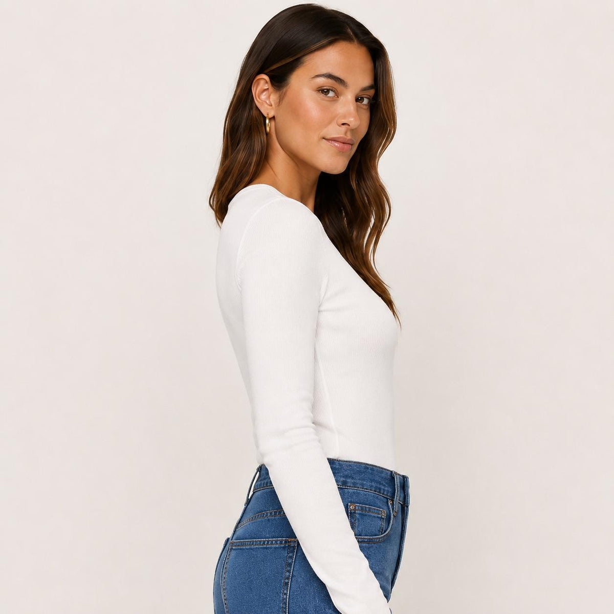 Women's Fitted Rayon Spandex Ribbed Long Sleeve Top, Crew Neck Layering Tee