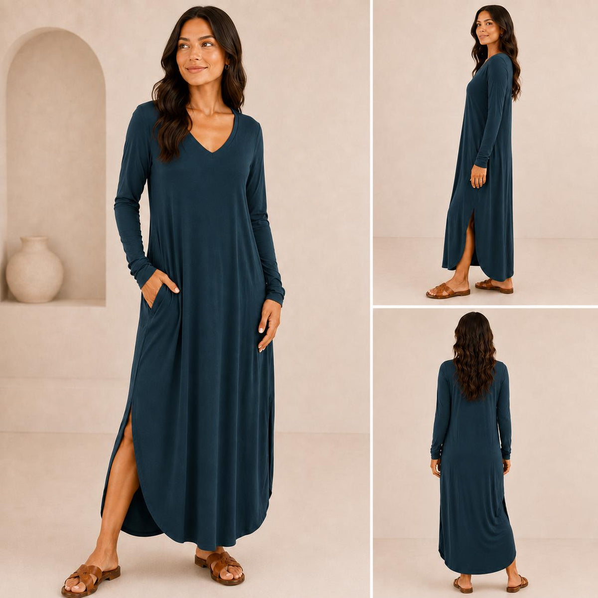Women's Long Sleeve Maxi Dress: V-Neck, Side Slits, Pockets (Rayon Spandex)
