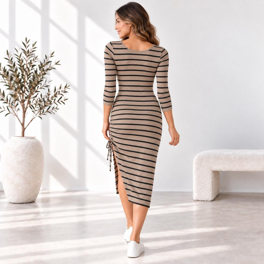 Stripe Ribbed Midi Dress, 3/4 Sleeve Ruched Side Dress, Adjustable Drawstring, Fitted Stretch Dress