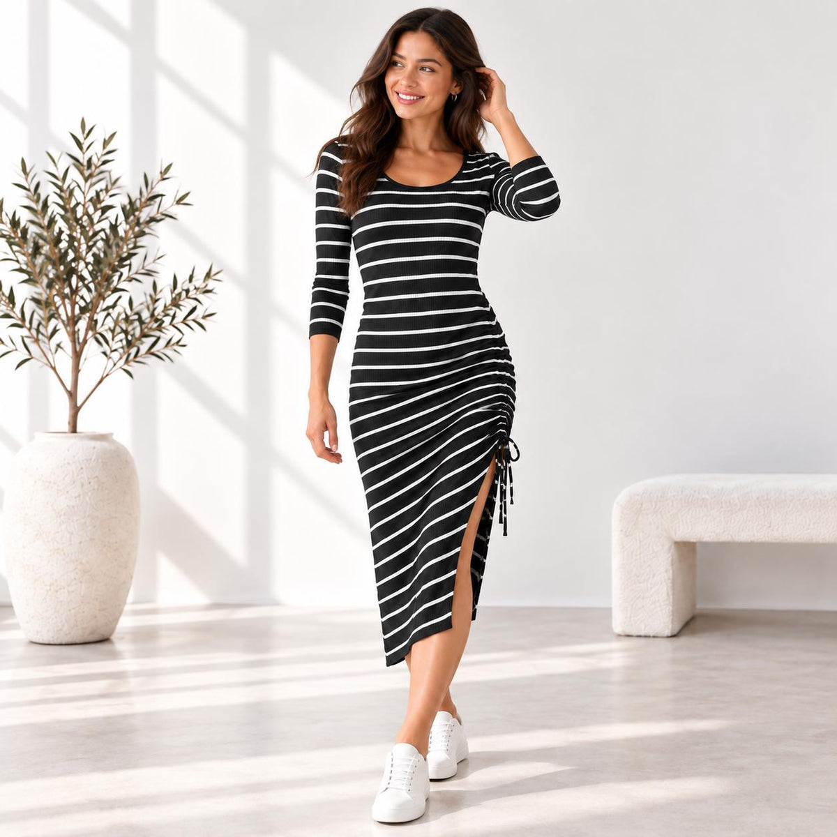 Stripe Ribbed Midi Dress, 3/4 Sleeve Ruched Side Dress, Adjustable Drawstring, Fitted Stretch Dress