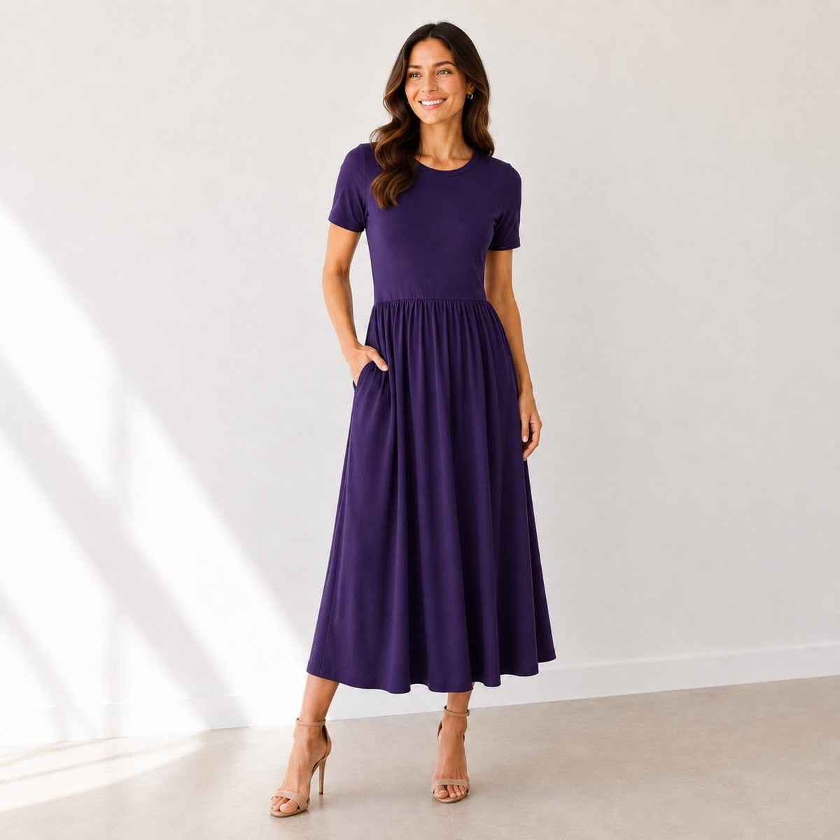 Rayon Spandex Maxi Dress, Crew Neck, Gathered Waist, Pockets, Everyday Wear
