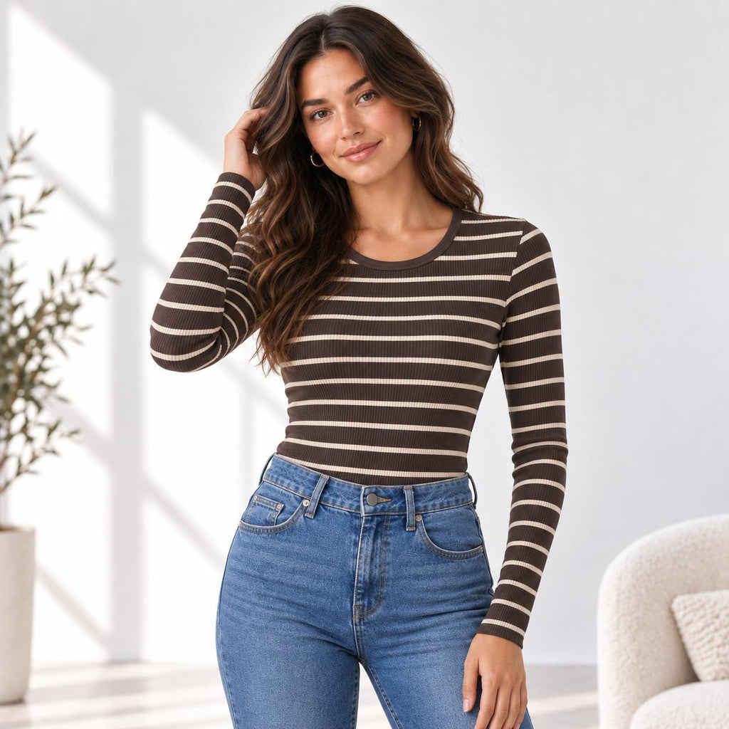 Striped Long Sleeve Top, 2x1 Rib Crewneck Tee