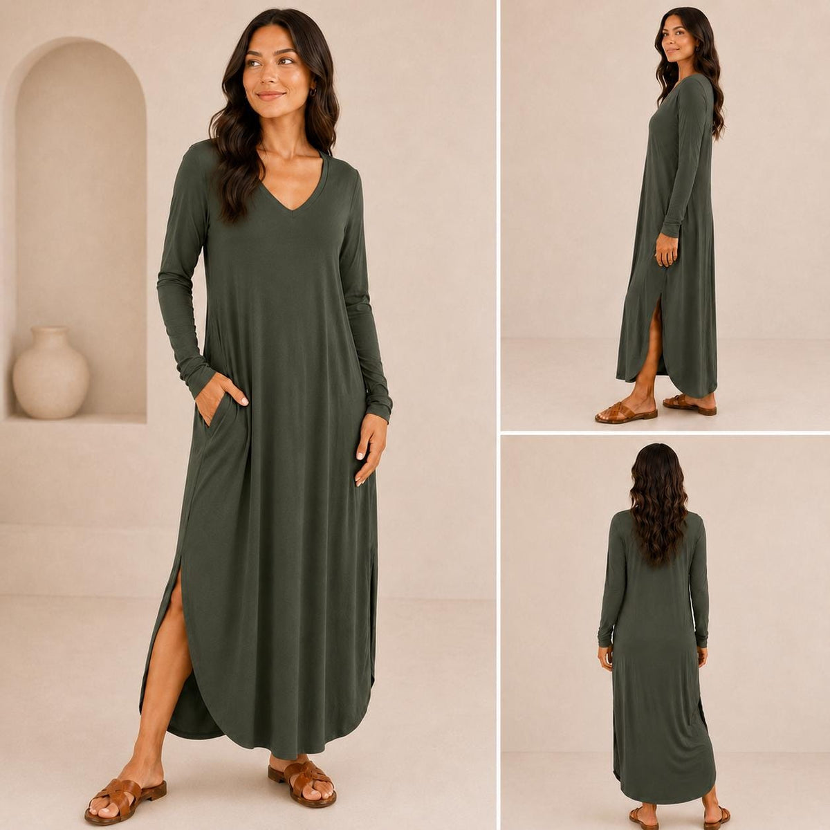 Women's Long Sleeve Maxi Dress: V-Neck, Side Slits, Pockets (Rayon Spandex)
