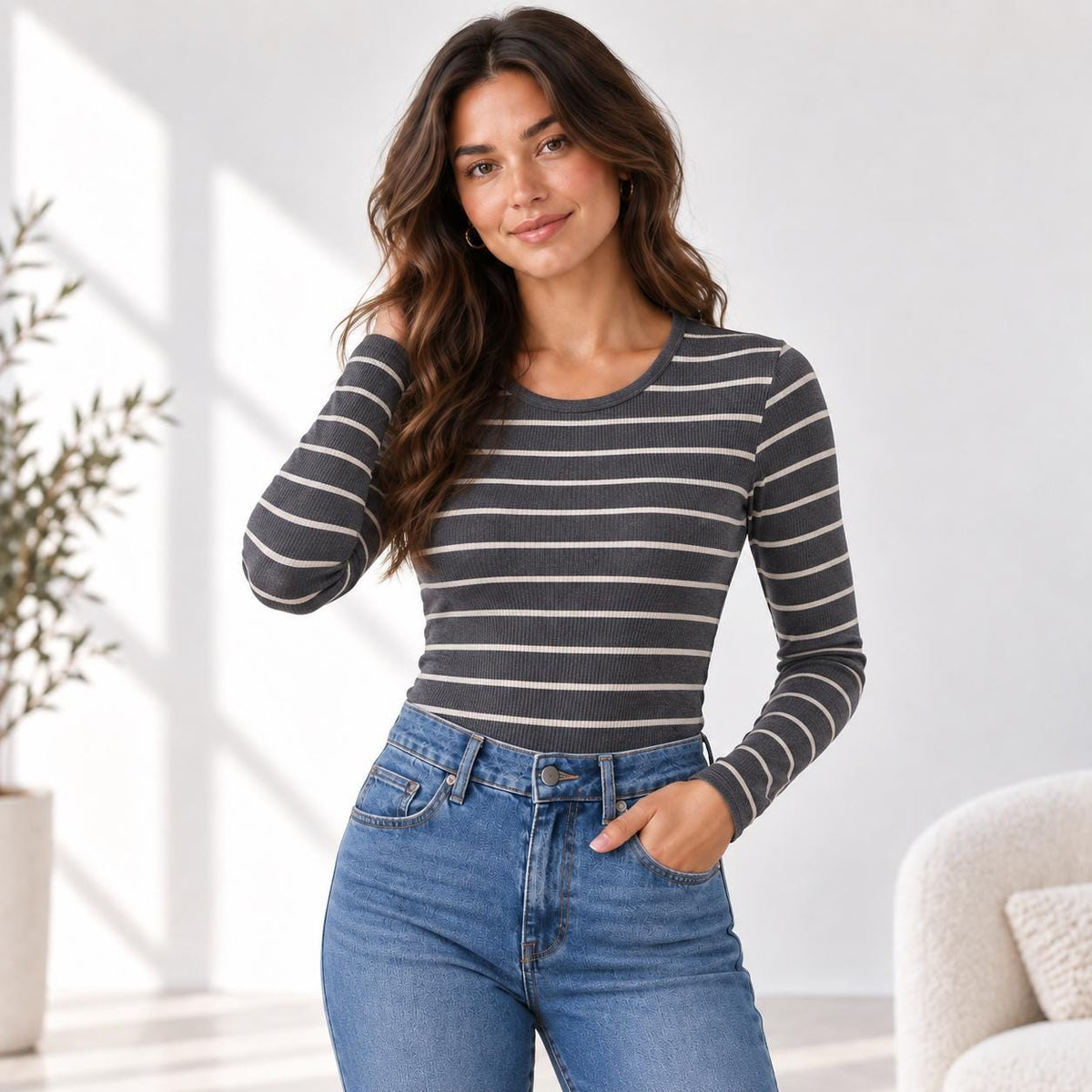 Striped Long Sleeve Top, 2x1 Rib Crewneck Tee