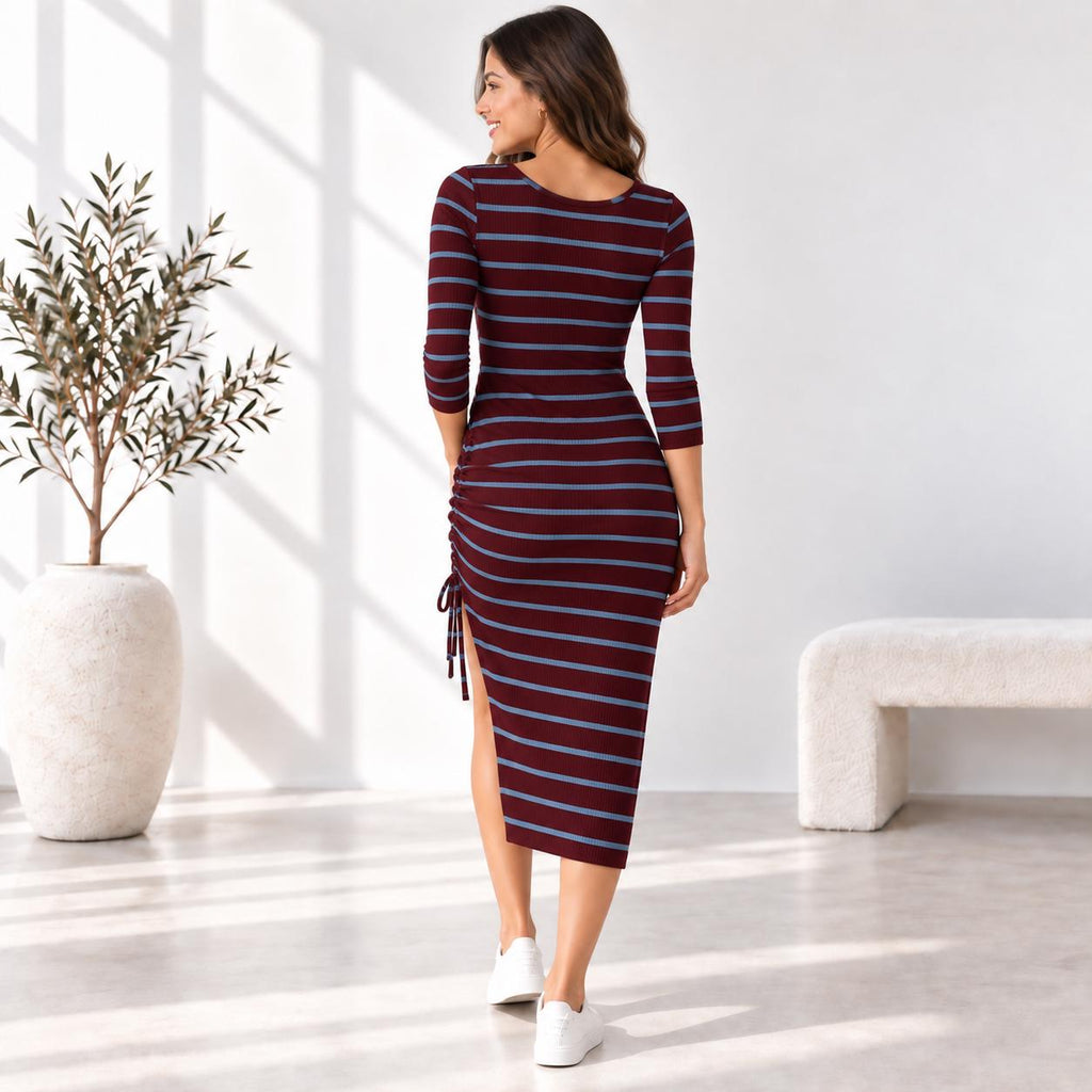 Stripe Ribbed Midi Dress, 3/4 Sleeve Ruched Side Dress, Adjustable Drawstring, Fitted Stretch Dress