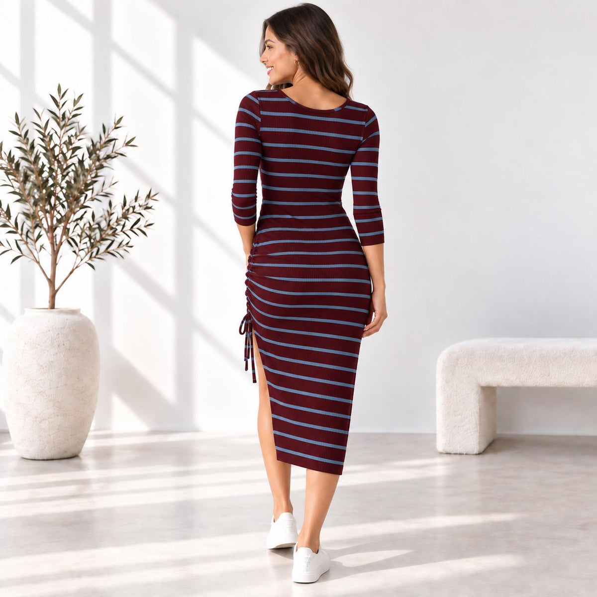 Stripe Ribbed Midi Dress, 3/4 Sleeve Ruched Side Dress, Adjustable Drawstring, Fitted Stretch Dress