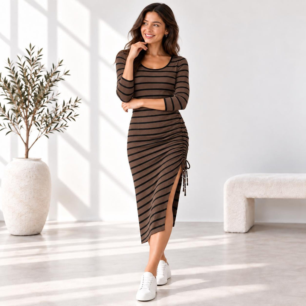 Stripe Ribbed Midi Dress, 3/4 Sleeve Ruched Side Dress, Adjustable Drawstring, Fitted Stretch Dress