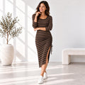 Stripe Ribbed Midi Dress, 3/4 Sleeve Ruched Side Dress, Adjustable Drawstring, Fitted Stretch Dress