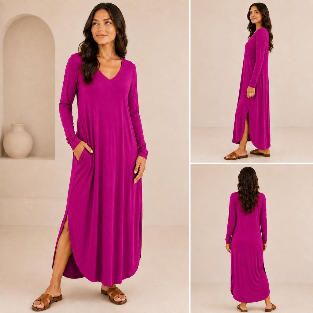 Women's Long Sleeve Maxi Dress: V-Neck, Side Slits, Pockets (Rayon Spandex)