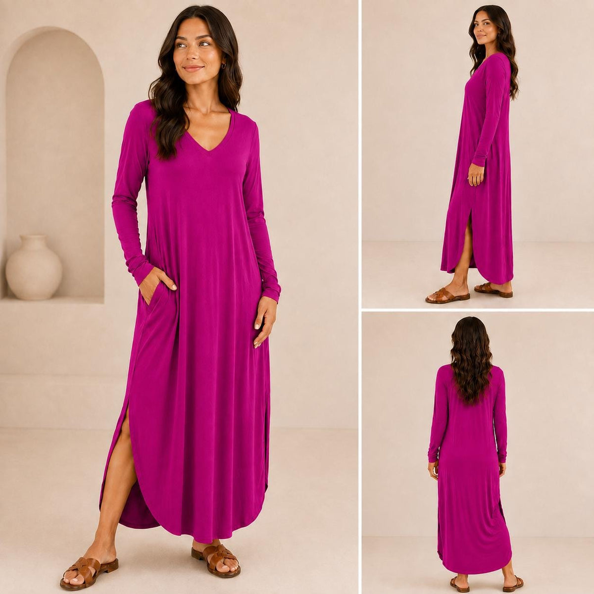Women's Long Sleeve Maxi Dress: V-Neck, Side Slits, Pockets (Rayon Spandex)