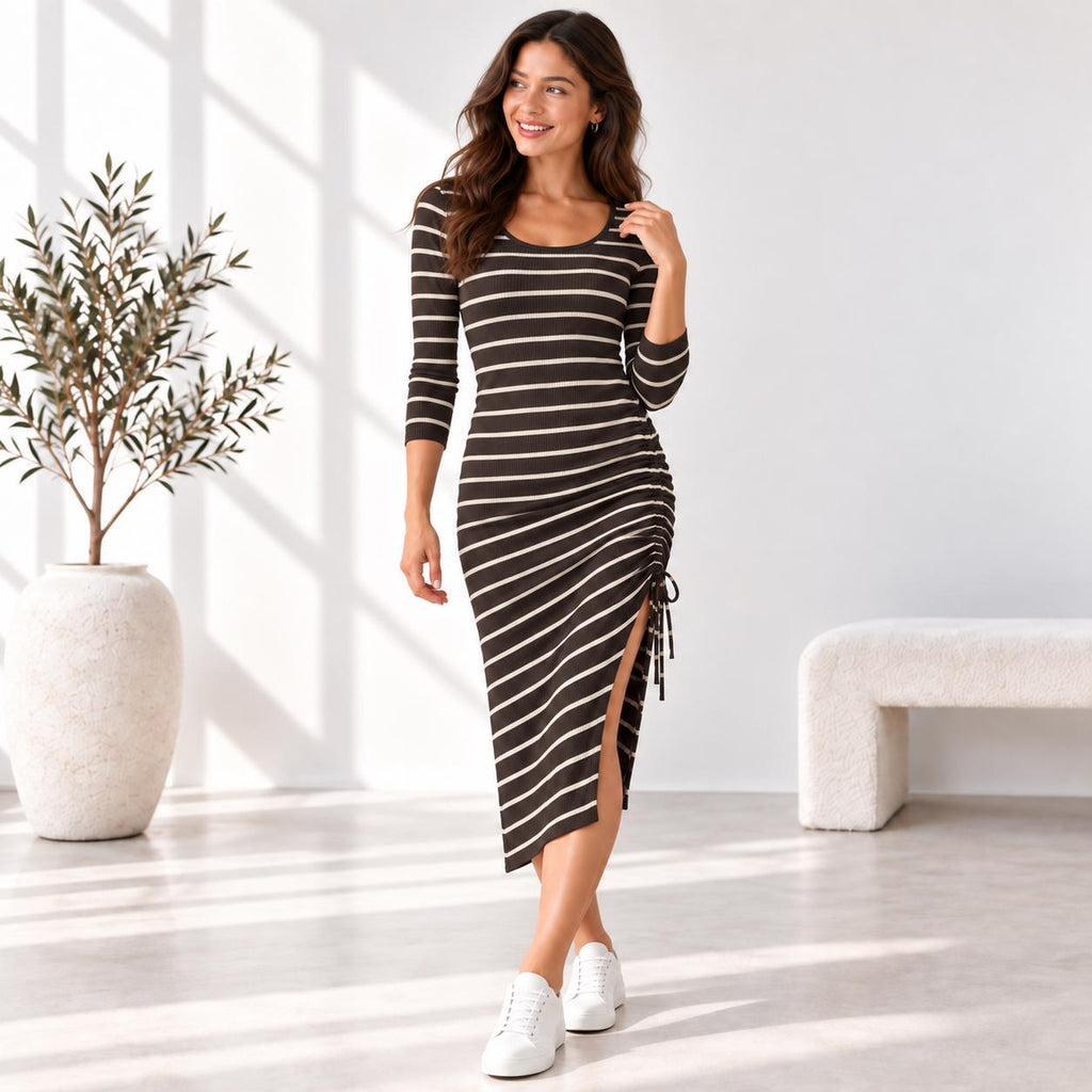 Stripe Ribbed Midi Dress, 3/4 Sleeve Ruched Side Dress, Adjustable Drawstring, Fitted Stretch Dress