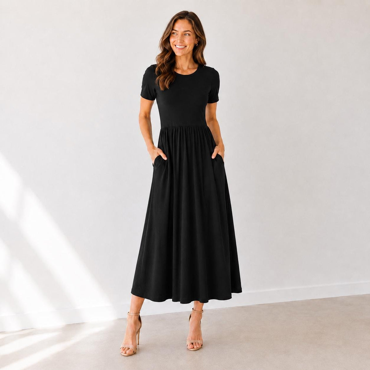 Rayon Spandex Maxi Dress, Crew Neck, Gathered Waist, Pockets, Everyday Wear