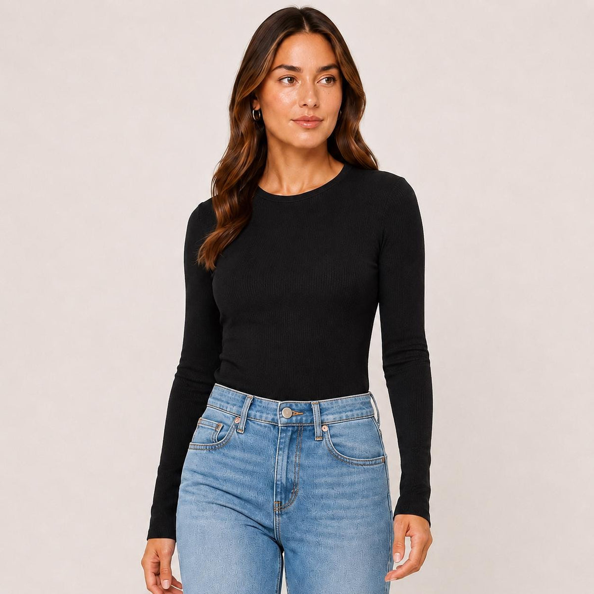 Women's Fitted Rayon Spandex Ribbed Long Sleeve Top, Crew Neck Layering Tee