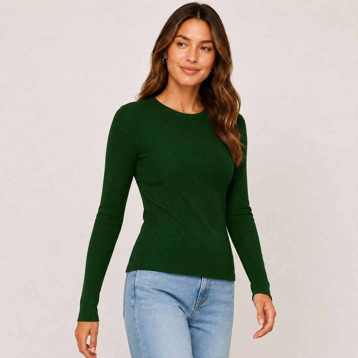 Women's Fitted Rayon Spandex Ribbed Long Sleeve Top, Crew Neck Layering Tee