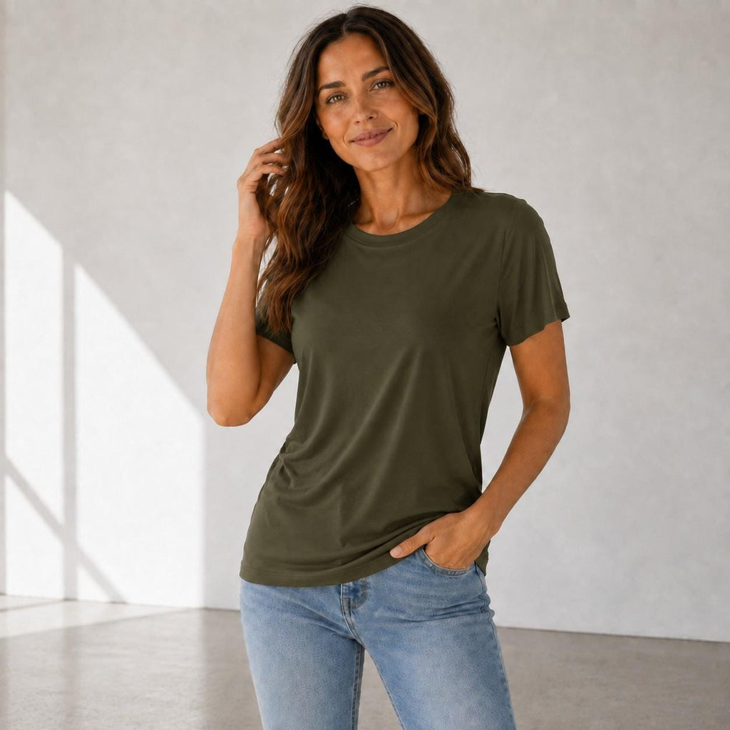 Soft Rayon Spandex Crewneck Tee: Comfortable Everyday Drape