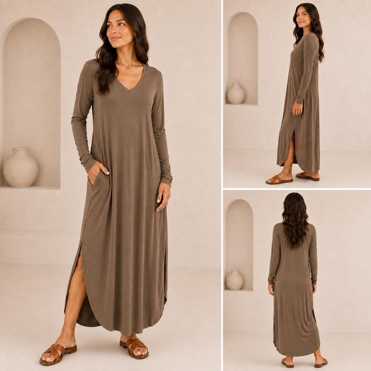 Women's Long Sleeve Maxi Dress: V-Neck, Side Slits, Pockets (Rayon Spandex)
