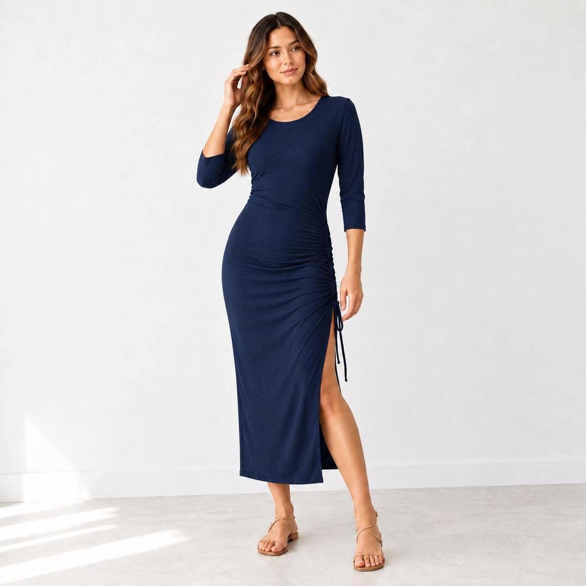 Women's Ruched Side Midi Dress, Rayon Spandex Knit, Adjustable Drawstring, Scoop Neck, 3/4 Sleeve