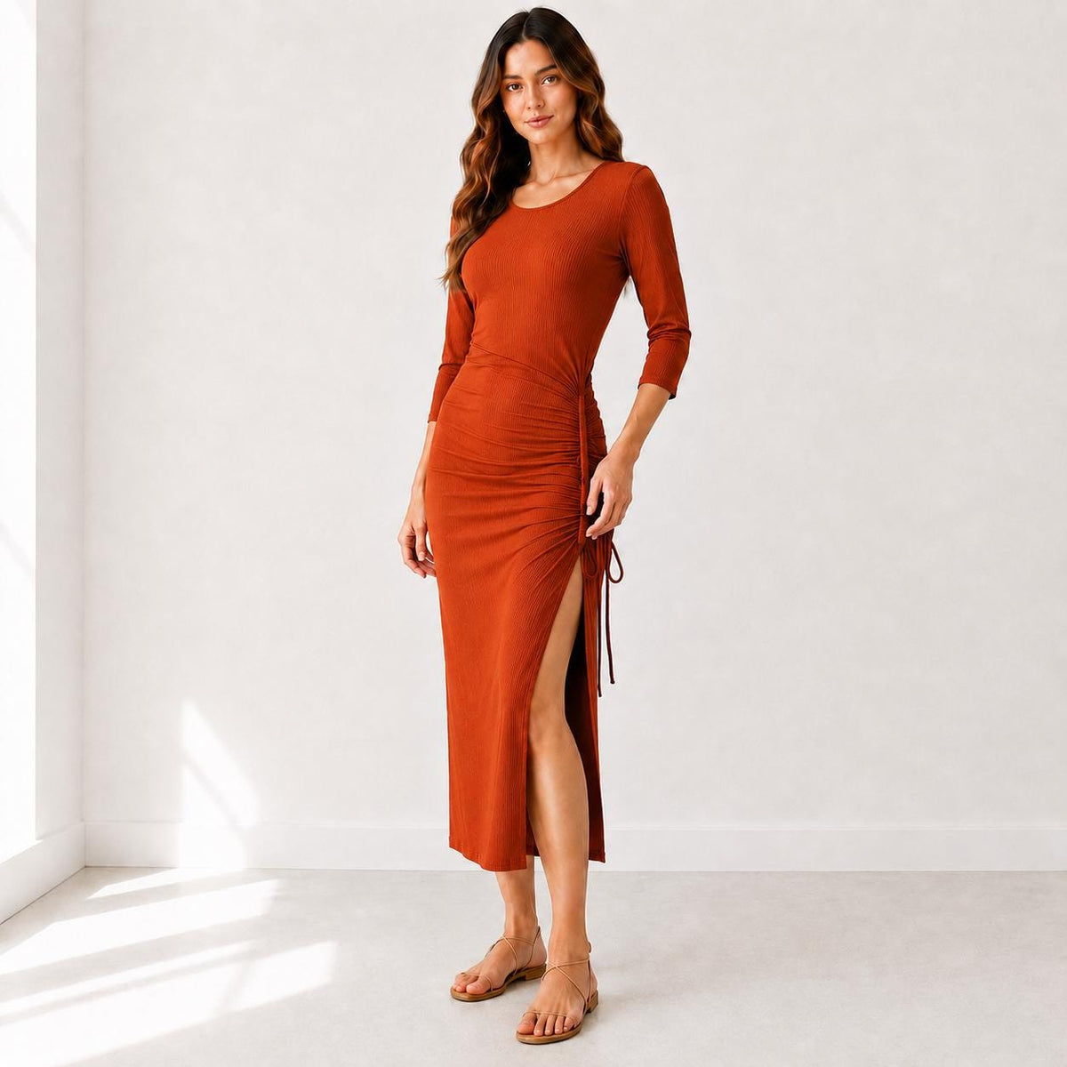 Women's Ruched Side Midi Dress, Rayon Spandex Knit, Adjustable Drawstring, Scoop Neck, 3/4 Sleeve
