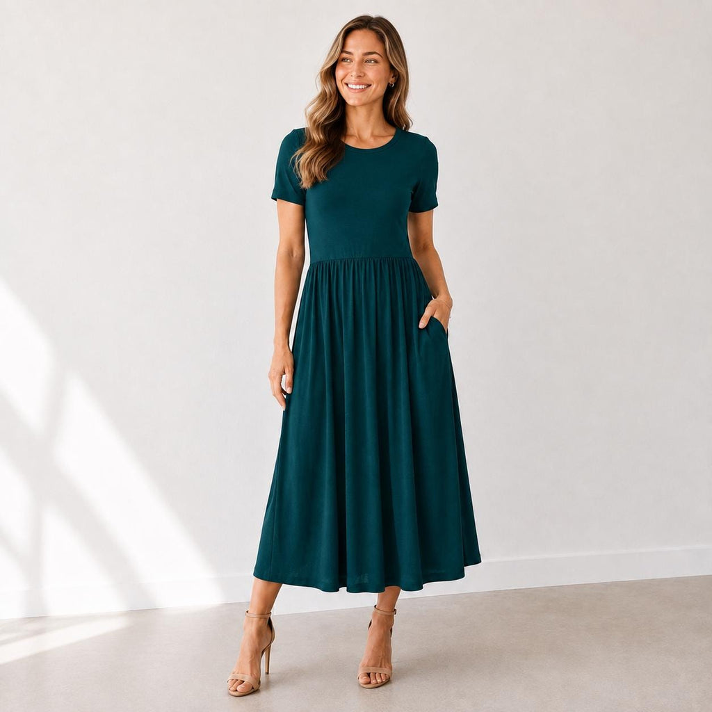 Rayon Spandex Maxi Dress, Crew Neck, Gathered Waist, Pockets, Everyday Wear