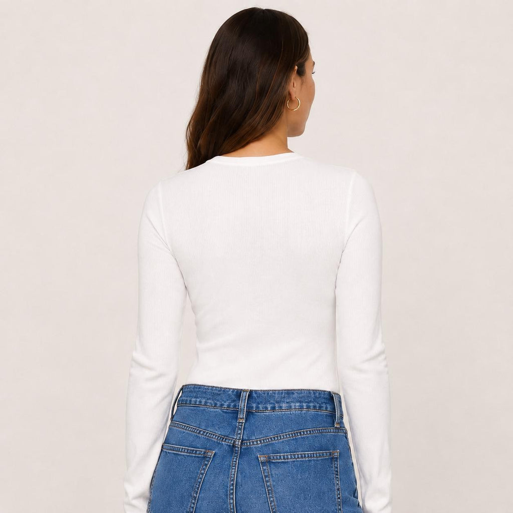 Women's Fitted Rayon Spandex Ribbed Long Sleeve Top, Crew Neck Layering Tee