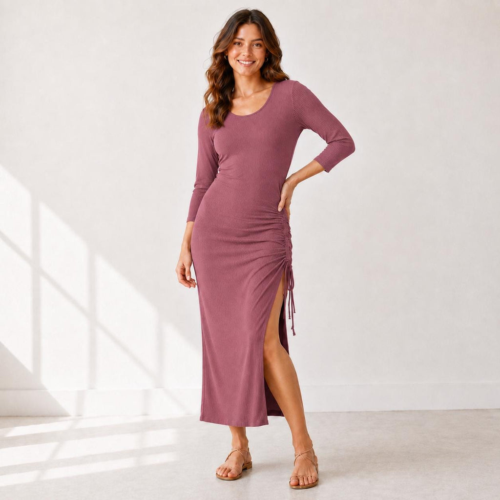 Women's Ruched Side Midi Dress, Rayon Spandex Knit, Adjustable Drawstring, Scoop Neck, 3/4 Sleeve