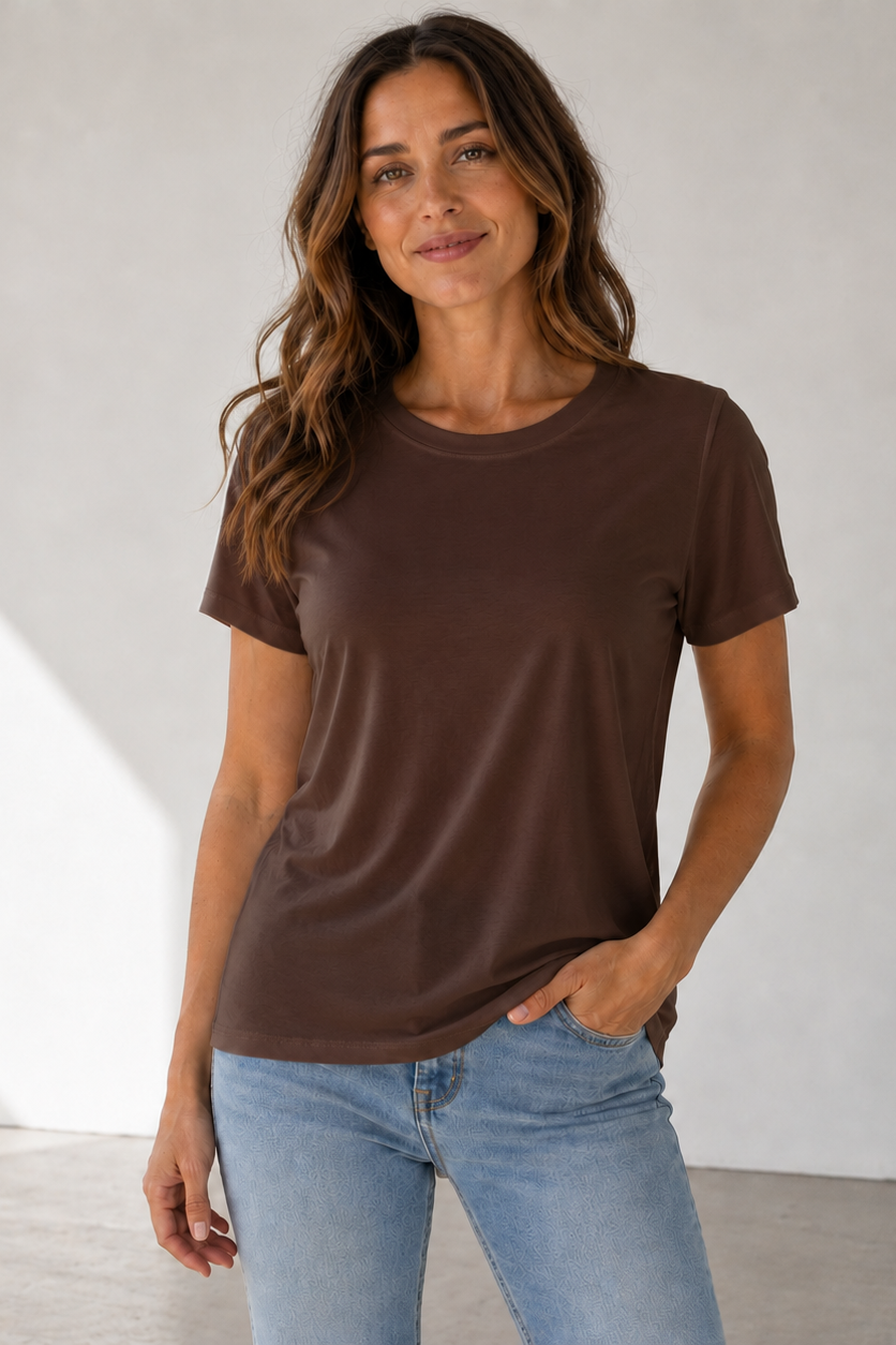 Soft Rayon Spandex Crewneck Tee: Comfortable Everyday Drape