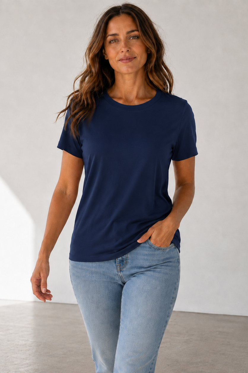 Soft Rayon Spandex Crewneck Tee: Comfortable Everyday Drape