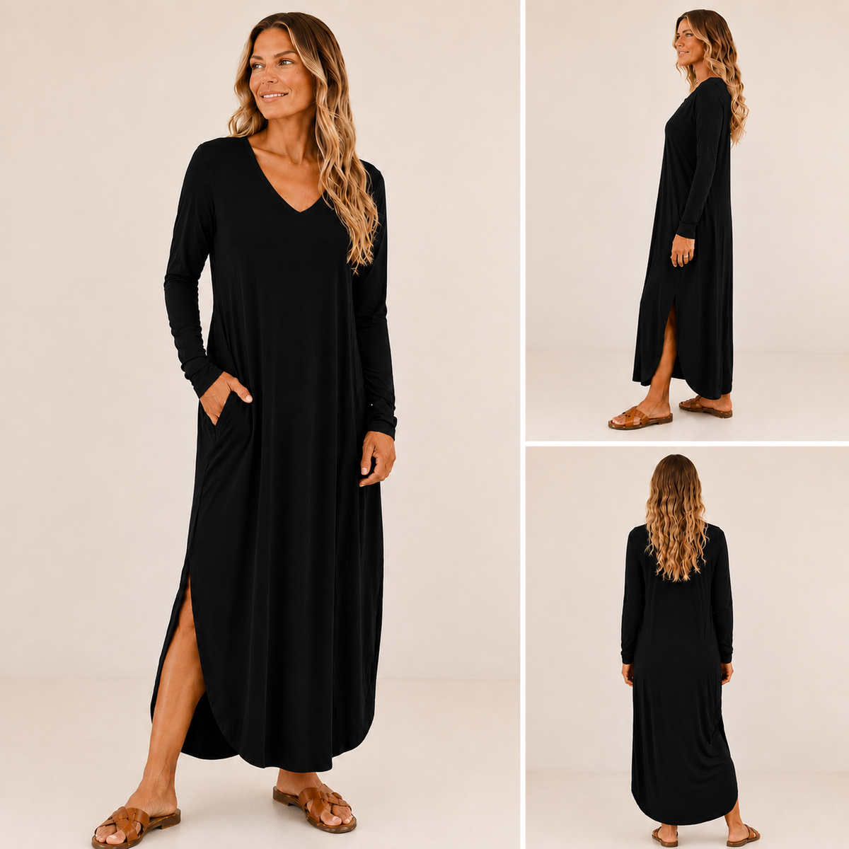 Women's Long Sleeve Maxi Dress: V-Neck, Side Slits, Pockets (Rayon Spandex)