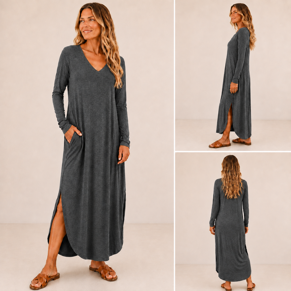 Women's Long Sleeve Maxi Dress: V-Neck, Side Slits, Pockets (Rayon Spandex)