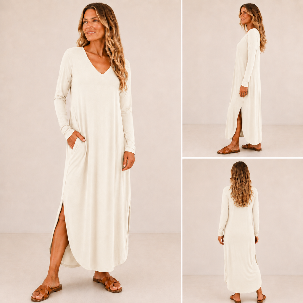 Women's Long Sleeve Maxi Dress: V-Neck, Side Slits, Pockets (Rayon Spandex)