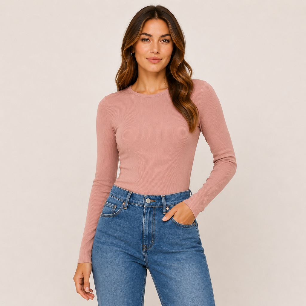Women's Fitted Rayon Spandex Ribbed Long Sleeve Top, Crew Neck Layering Tee