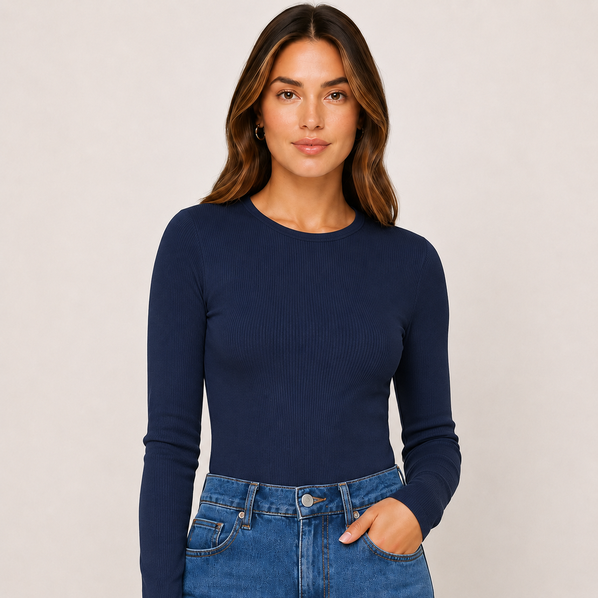 Women's Fitted Rayon Spandex Ribbed Long Sleeve Top, Crew Neck Layering Tee