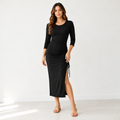 Women's Ruched Side Midi Dress, Rayon Spandex Knit, Adjustable Drawstring, Scoop Neck, 3/4 Sleeve