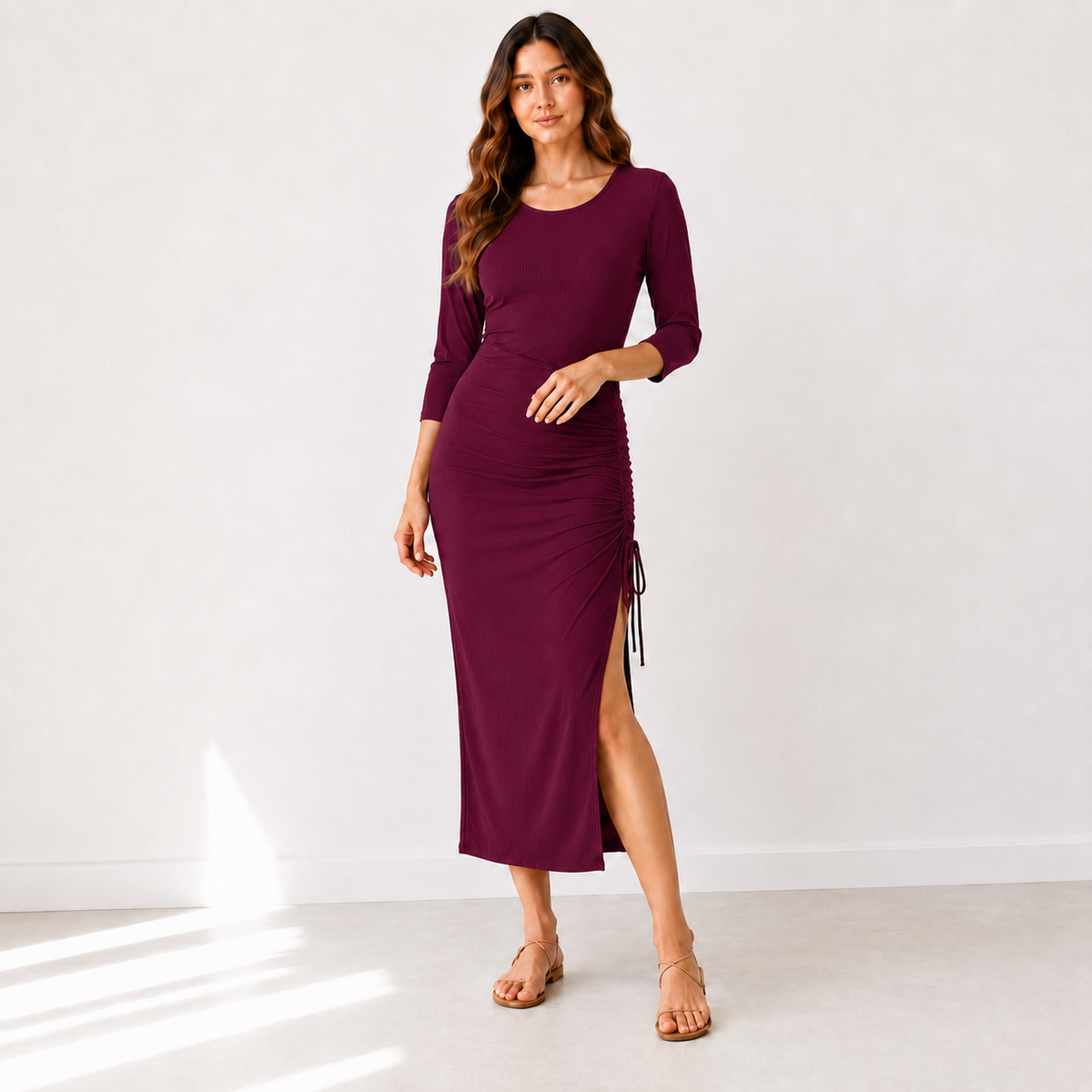 Women's Ruched Side Midi Dress, Rayon Spandex Knit, Adjustable Drawstring, Scoop Neck, 3/4 Sleeve