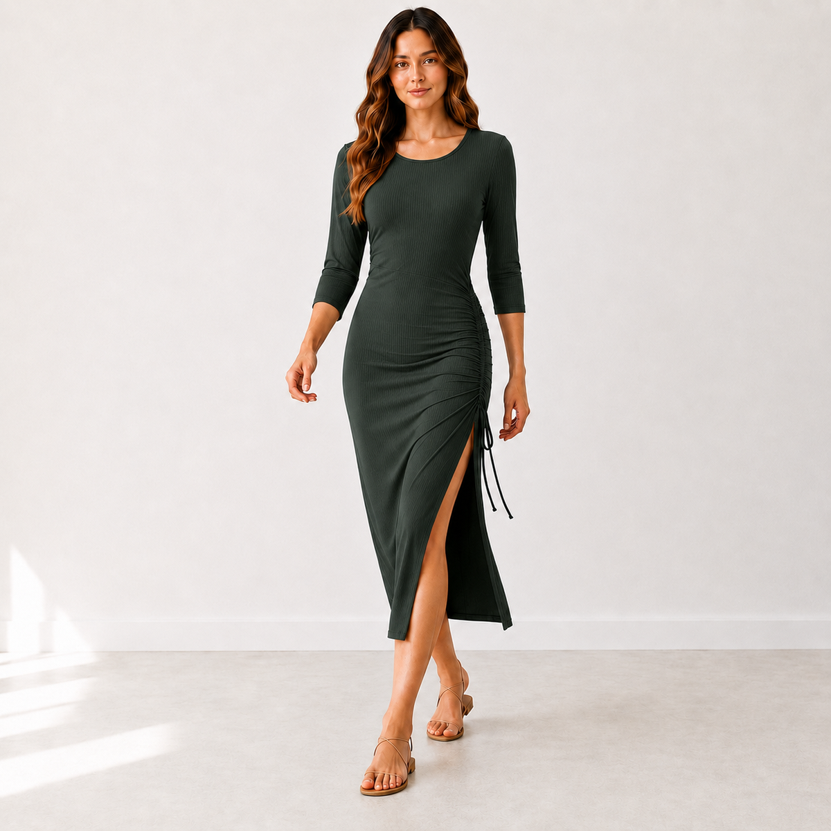 Women's Ruched Side Midi Dress, Rayon Spandex Knit, Adjustable Drawstring, Scoop Neck, 3/4 Sleeve