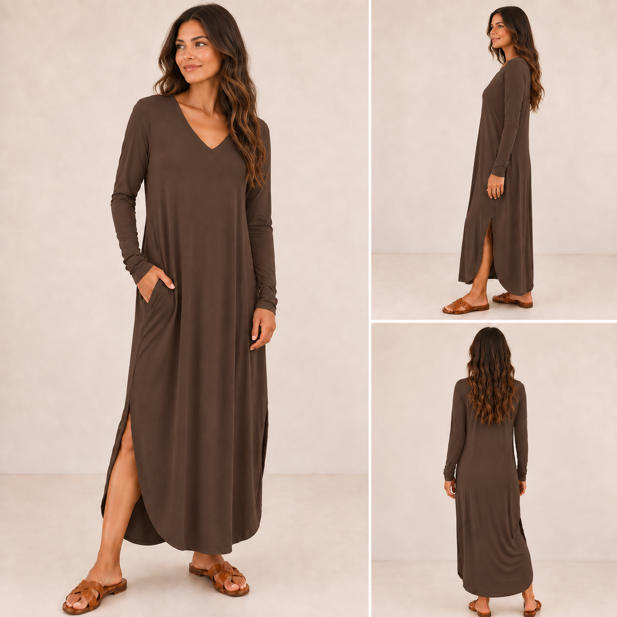 Women's Long Sleeve Maxi Dress: V-Neck, Side Slits, Pockets (Rayon Spandex)