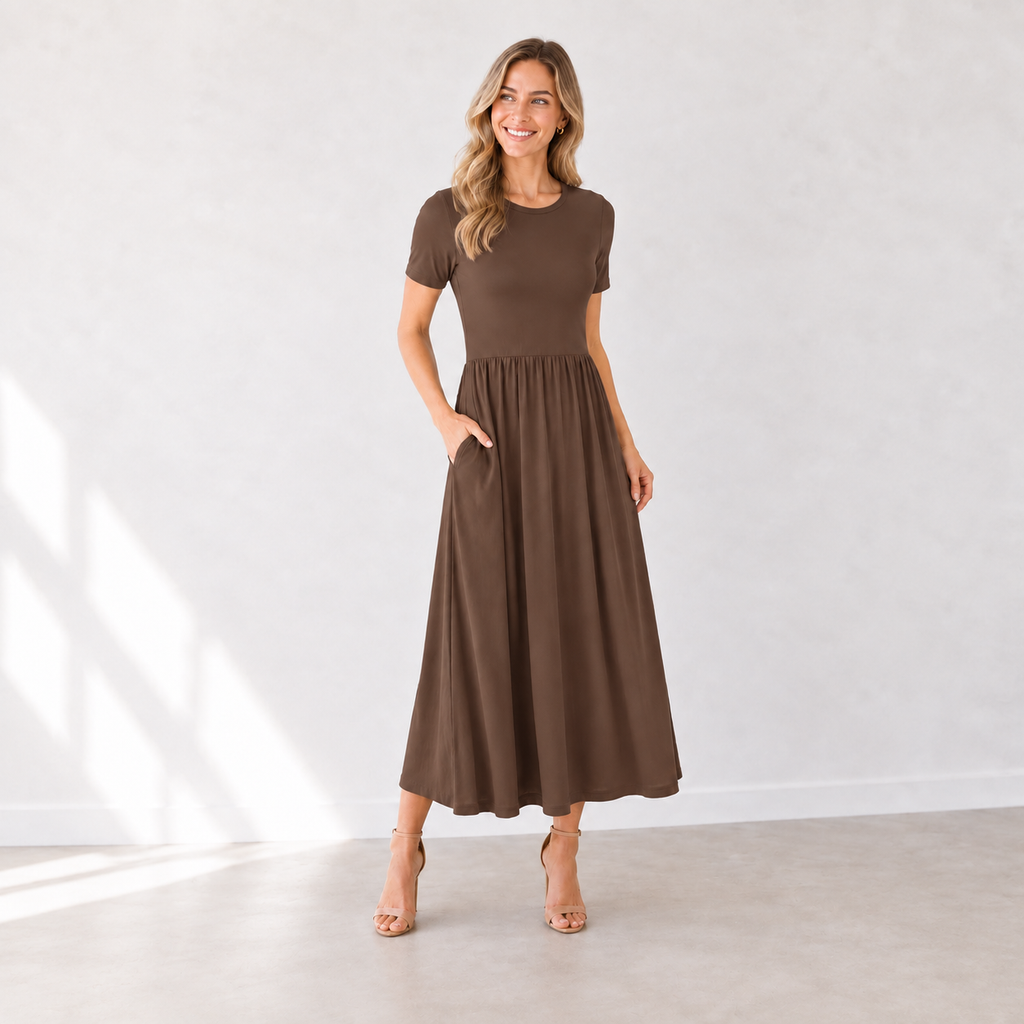 Rayon Spandex Maxi Dress, Crew Neck, Gathered Waist, Pockets, Everyday Wear