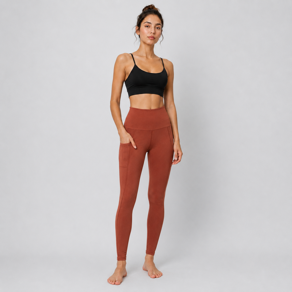 A woman stands barefoot against a light gray studio background wearing a black sports bra and rust-brown high-waisted leggings with side pockets.