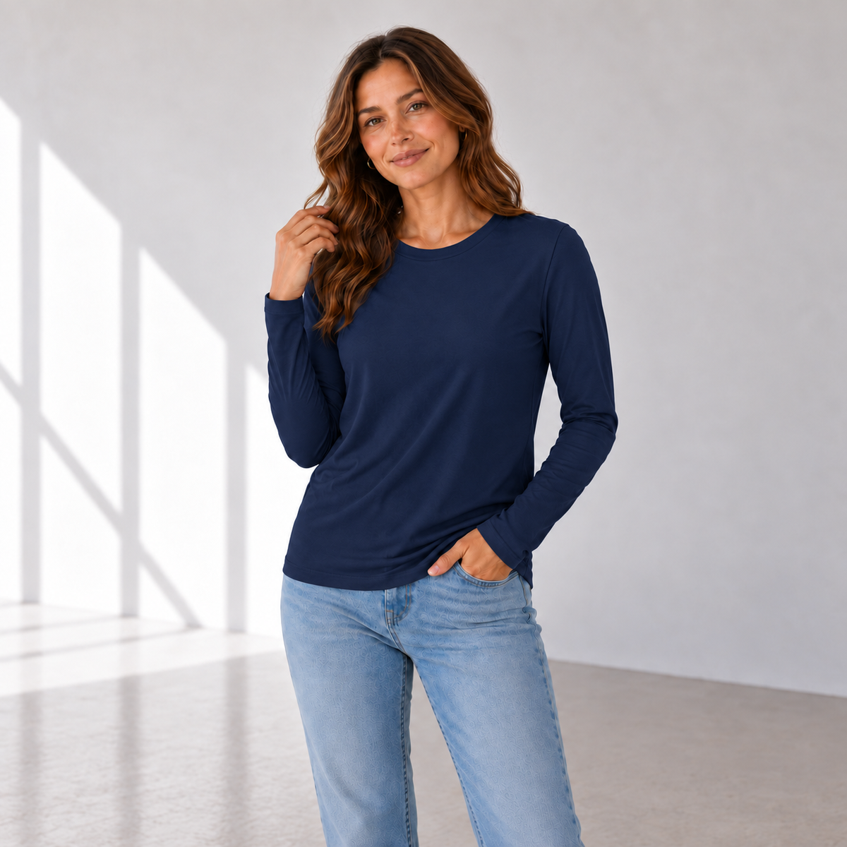 Long Sleeve Crewneck Tee Rayon Span