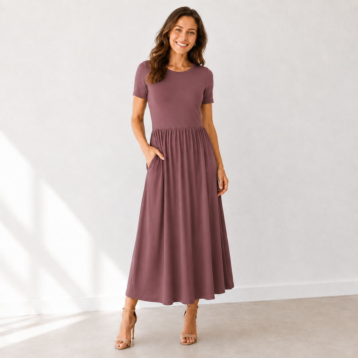 Rayon Spandex Maxi Dress, Crew Neck, Gathered Waist, Pockets, Everyday Wear