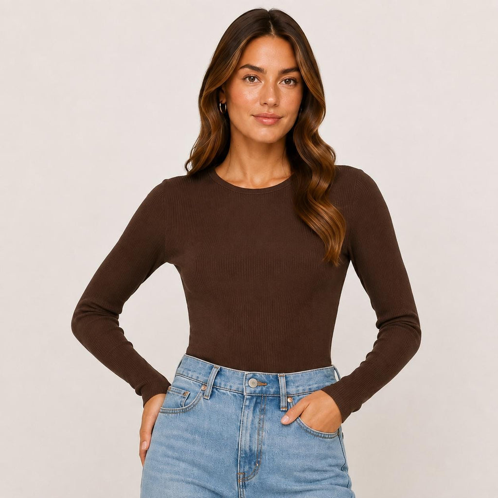 Women's Fitted Rayon Spandex Ribbed Long Sleeve Top, Crew Neck Layering Tee