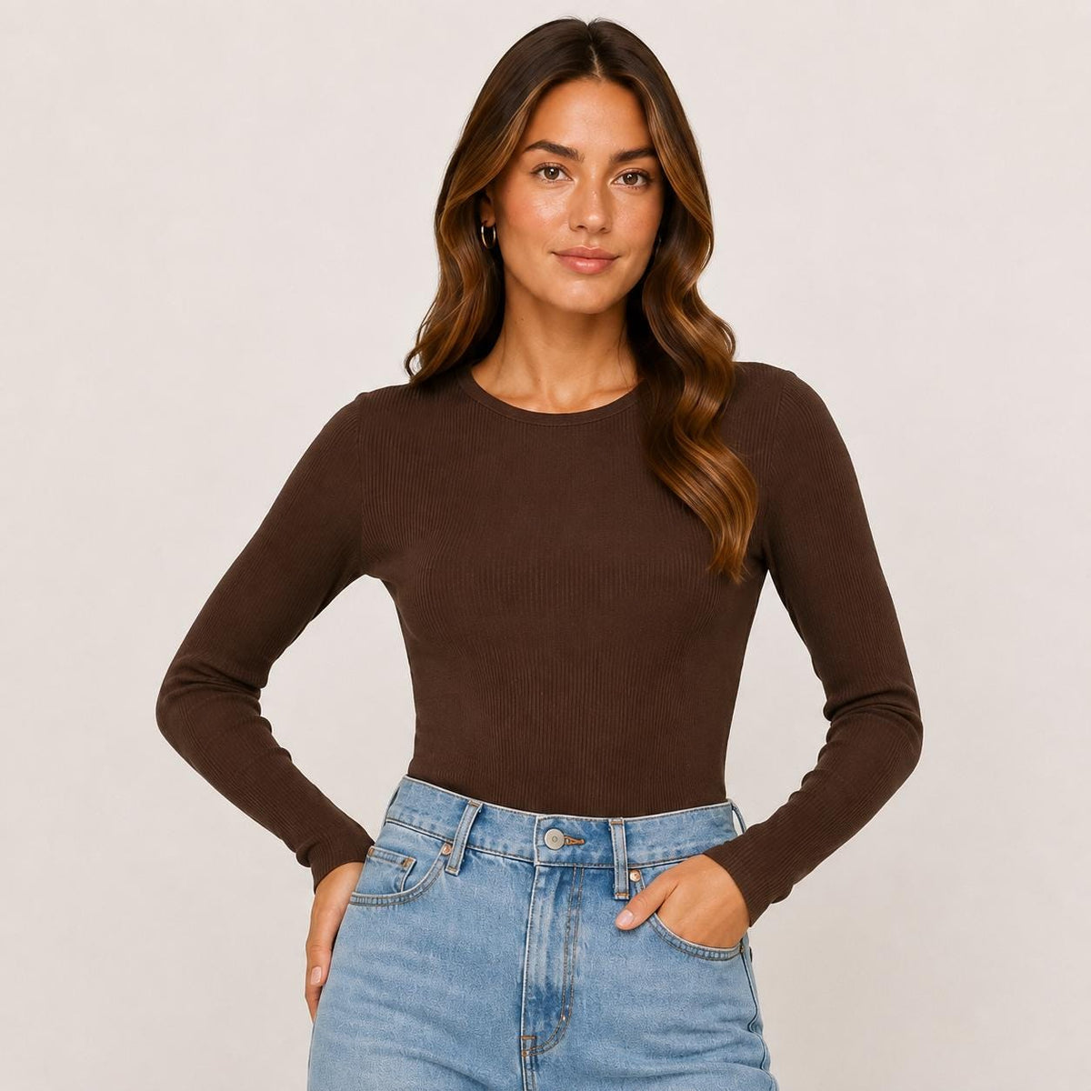 Women's Fitted Rayon Spandex Ribbed Long Sleeve Top, Crew Neck Layering Tee