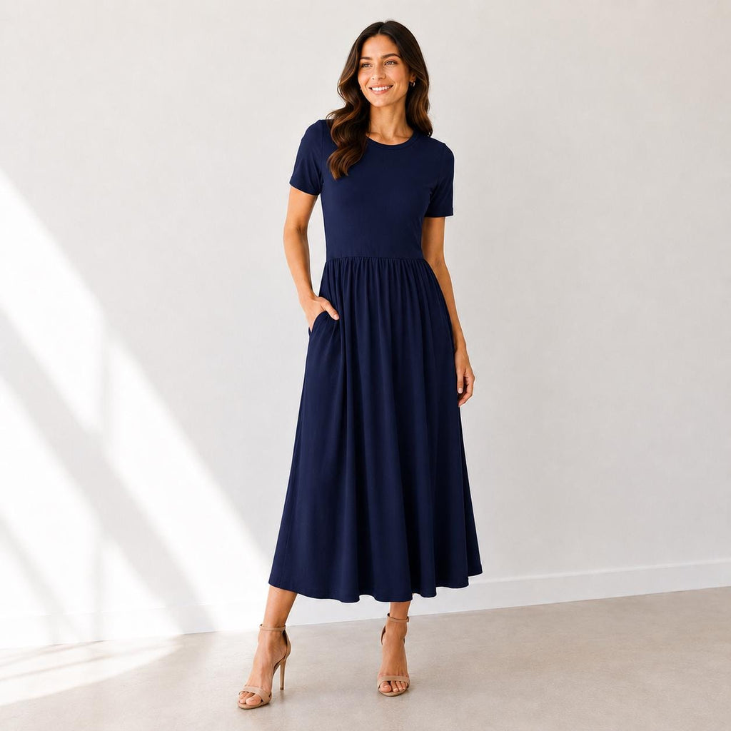 Rayon Spandex Maxi Dress, Crew Neck, Gathered Waist, Pockets, Everyday Wear